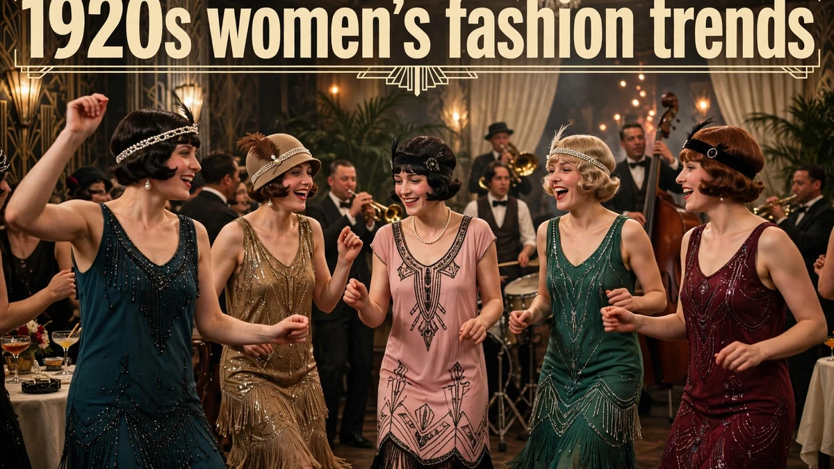 Women in 1920s drop-waist dresses dancing at a jazz age party, with the text 1920s women's fashion trends displayed across the image