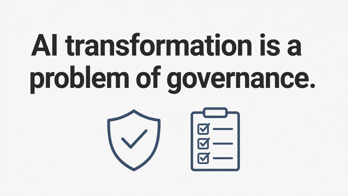 Shield and checklist graphic with the text AI transformation is a problem of governance displayed above it