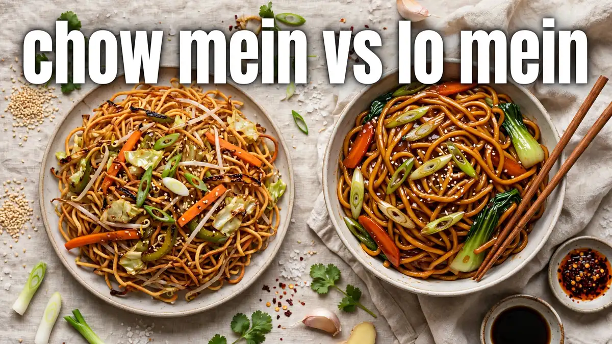 Overhead comparison photo of a plate of crispy chow mein beside a bowl of saucy lo mein with the text chow mein vs lo mein displayed across the image