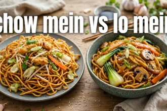 Two Chinese noodle dishes side by side, crispy chow mein and saucy lo mein, with the text chow mein vs lo mein displayed across the image