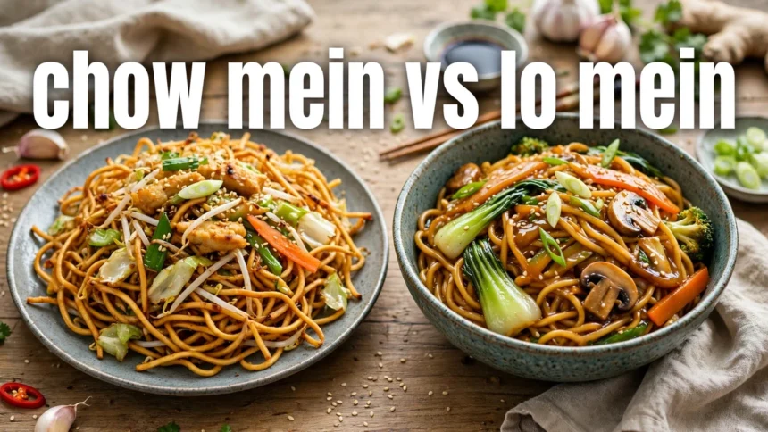 Two Chinese noodle dishes side by side, crispy chow mein and saucy lo mein, with the text chow mein vs lo mein displayed across the image