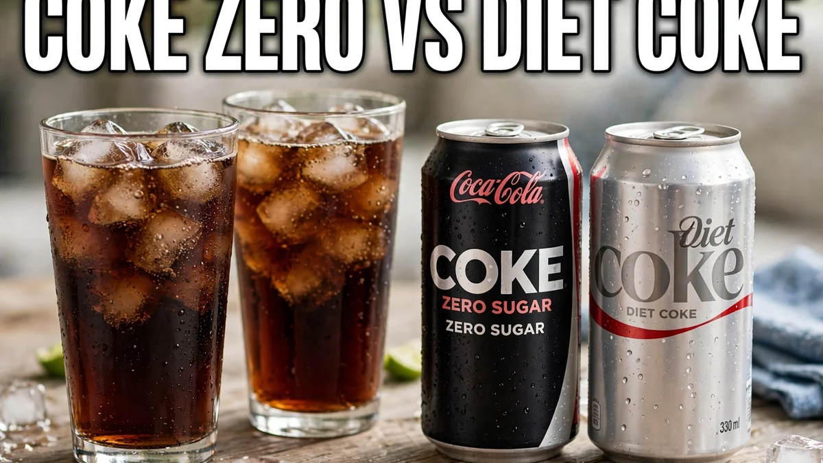 Two glasses of cola with ice next to a black cola can and a silver cola can, with the text coke zero vs diet coke displayed across the image