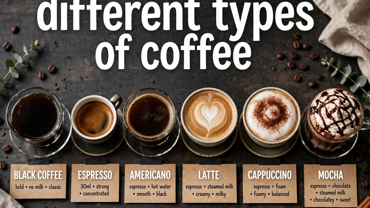 A row of black coffees and milk drinks on a café menu board with the text different types of coffee displayed above them