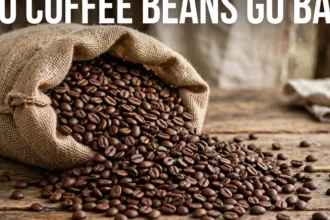 Roasted coffee beans spilling from a burlap bag onto a wooden table, with the text do coffee beans go bad displayed across the image