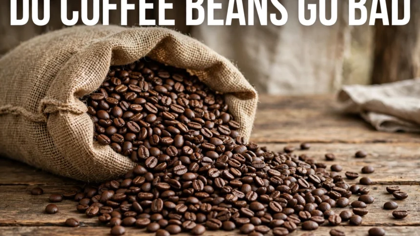 Roasted coffee beans spilling from a burlap bag onto a wooden table, with the text do coffee beans go bad displayed across the image