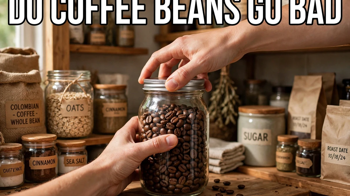 Hands sealing roasted coffee beans into an airtight glass jar in a kitchen pantry, with the text do coffee beans go bad displayed across the image