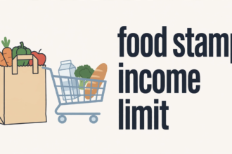 Illustration of a grocery bag and shopping cart with the text food stamp income limit