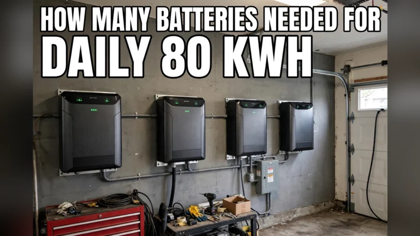 Home battery units on a garage wall with the text How Many Batteries Needed for Daily 80 KWh