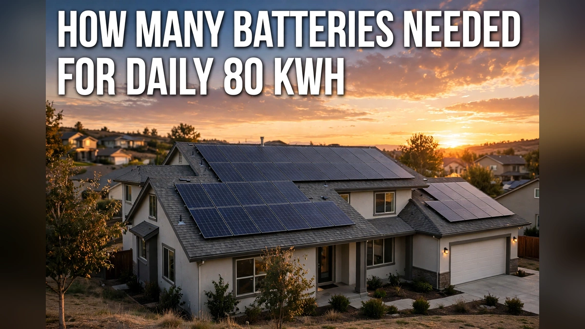 A house with rooftop solar panels at sunset, with the text How Many Batteries Needed for Daily 80 KWh