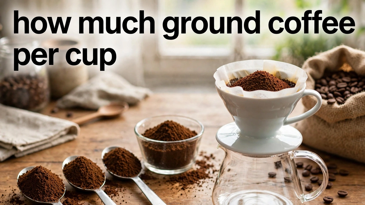 Tablespoons of ground coffee beside a pour-over brewer, with the text how much ground coffee per cup displayed across the image