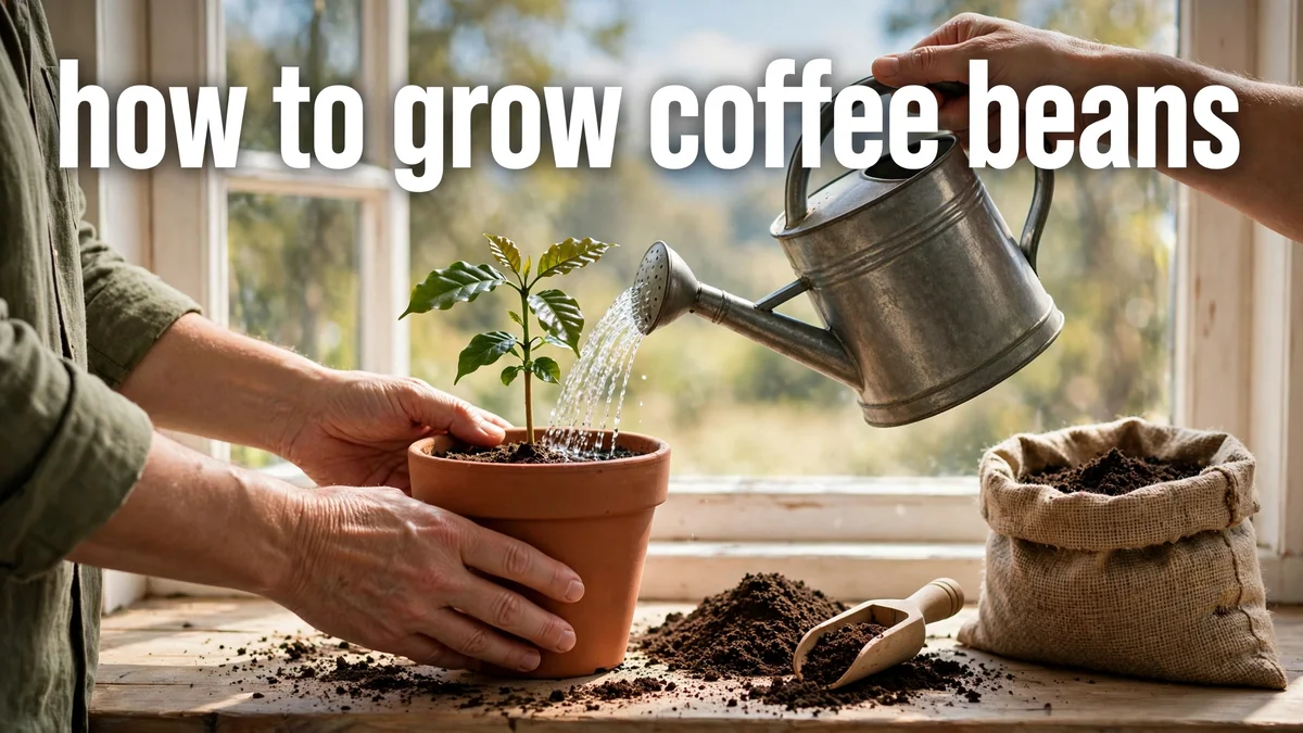 Hands watering a young coffee seedling in a pot on a bright windowsill, with the text how to grow coffee beans displayed across the image