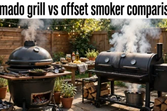 Kamado grill beside an offset smoker in a backyard, with the text kamado grill vs offset smoker comparison