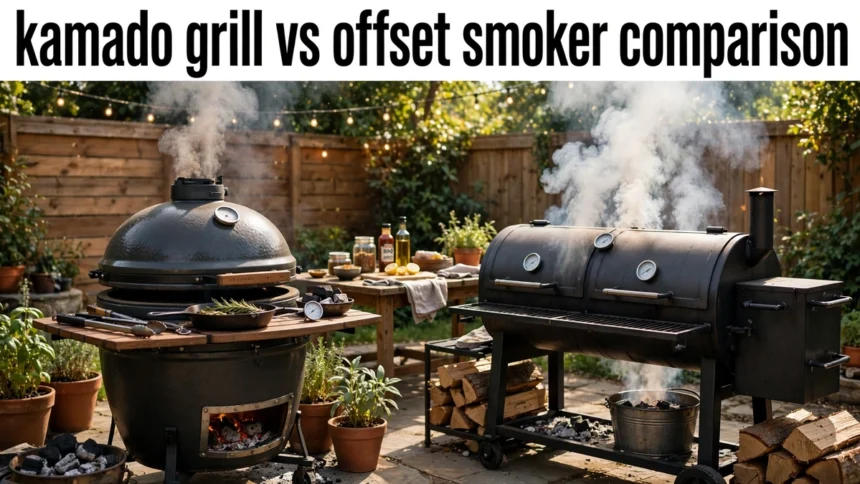 Kamado grill beside an offset smoker in a backyard, with the text kamado grill vs offset smoker comparison