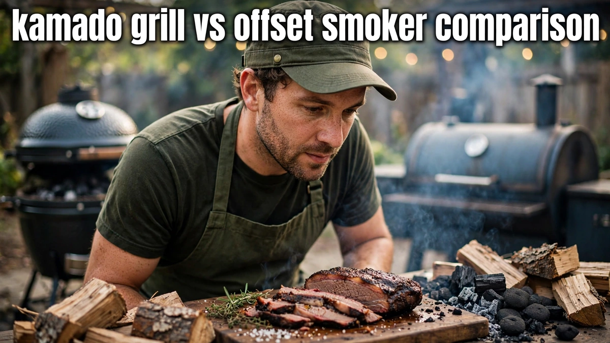 A cook checking sliced smoked meat beside charcoal and wood, with kamado and offset cookers behind, and the text kamado grill vs offset smoker comparison
