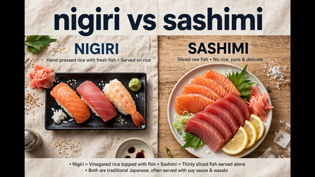 Overhead comparison photo of nigiri on rice beside sliced sashimi with the text nigiri vs sashimi displayed across the image