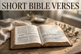 An open Bible on a wooden table with the text Short Bible Verses