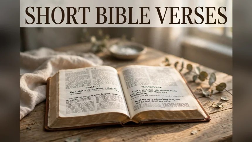 An open Bible on a wooden table with the text Short Bible Verses