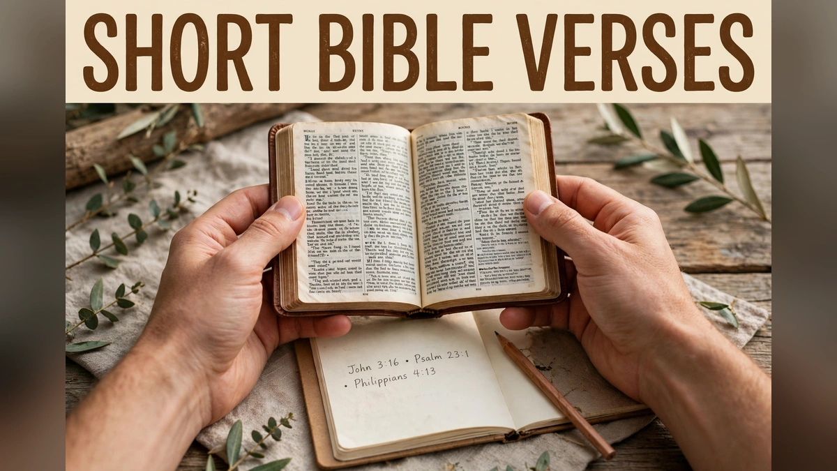Hands holding a small open Bible over a notebook listing verse references, with the text Short Bible Verses