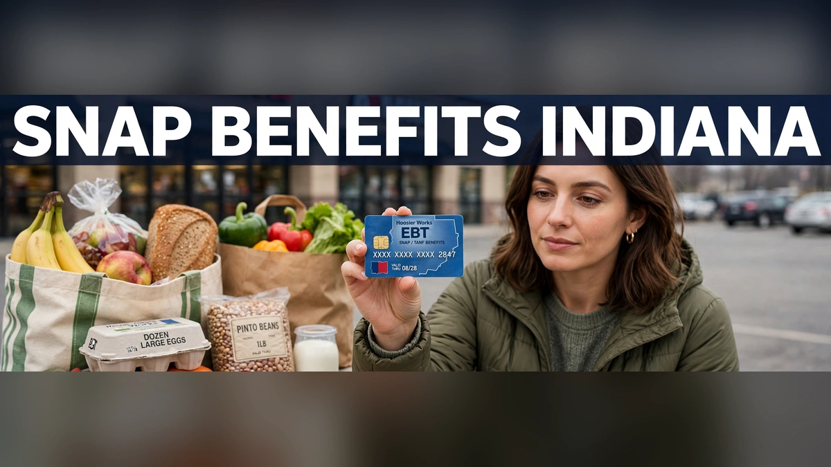 A person holding a Hoosier Works EBT card beside grocery bags, with the text SNAP Benefits Indiana