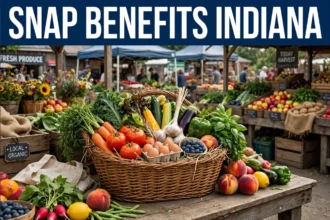 A basket of fresh produce at a farmers market with the text SNAP Benefits Indiana