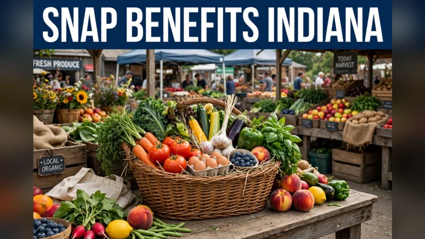 A basket of fresh produce at a farmers market with the text SNAP Benefits Indiana