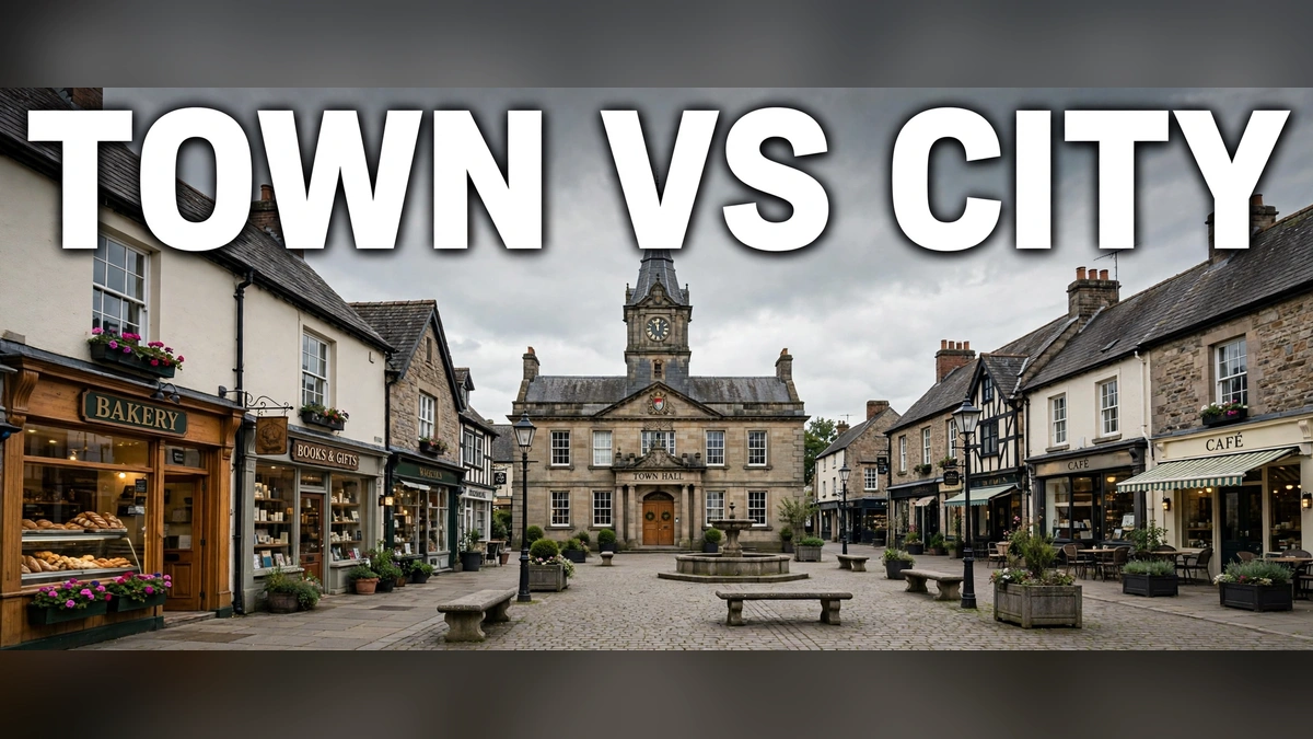 A town square with a town hall and shops, with the text Town vs City