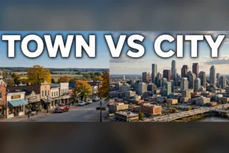Split view of a small town main street and a city skyline with the text Town vs City