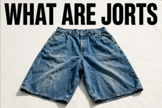 Baggy knee-length denim shorts laid flat with the text What Are Jorts