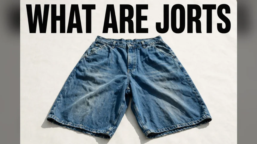 Baggy knee-length denim shorts laid flat with the text What Are Jorts