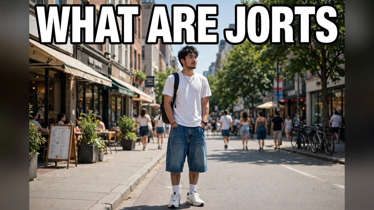 A person wearing baggy knee-length denim shorts with a white t-shirt on a summer street, with the text What Are Jorts