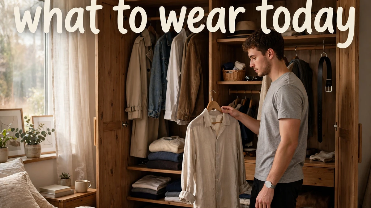 A person choosing a shirt from an open wardrobe in the morning, with the text what to wear today displayed across the image