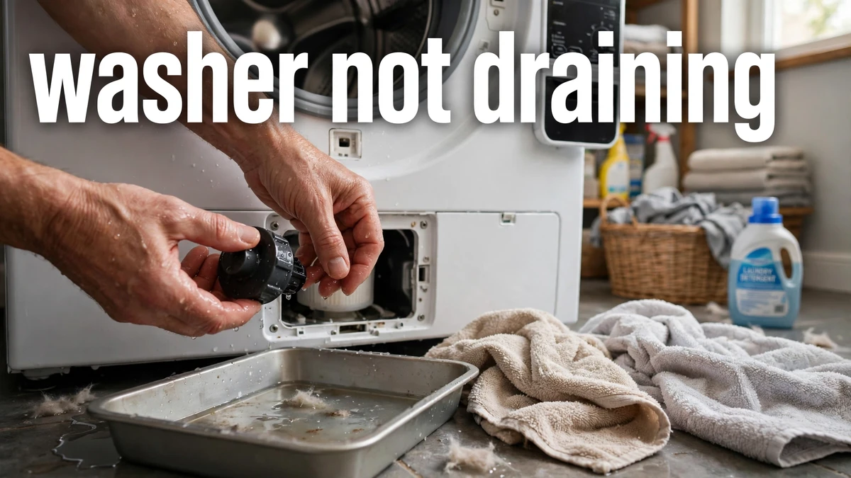 Step-by-step checklist illustration of washer drain checks, filter, hose, and pump, with the text washer not draining displayed across the image